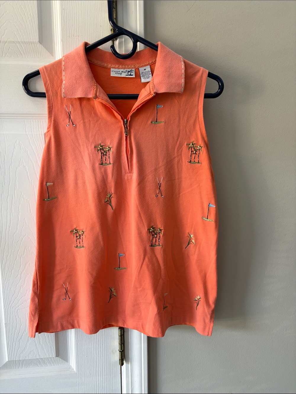Coral Bay Sleeveless Coral Zip Polo with Golf Embroidery